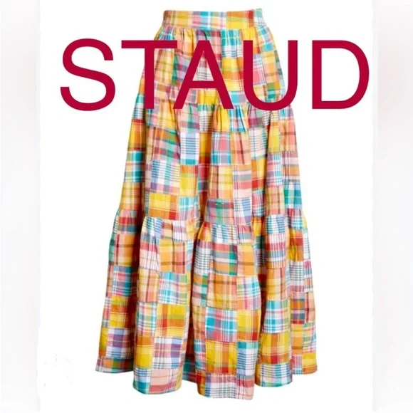 STAUD x Birkenstock NWT Sea Bright Patchwork Plaid cotton midi maxi skirt - Picture 4 of 17